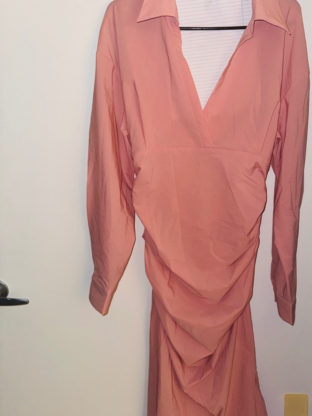 Blush Pink Collared Draped Long-Sleeve Dress